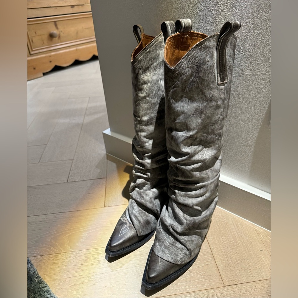 RARE R13 Distressed Grey Leather Mid Cowboy Boots w/sleeve - size 37